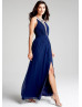 Royal Blue Chiffon Beads Jewel Neckline Keyhole Back Long Prom Dress 